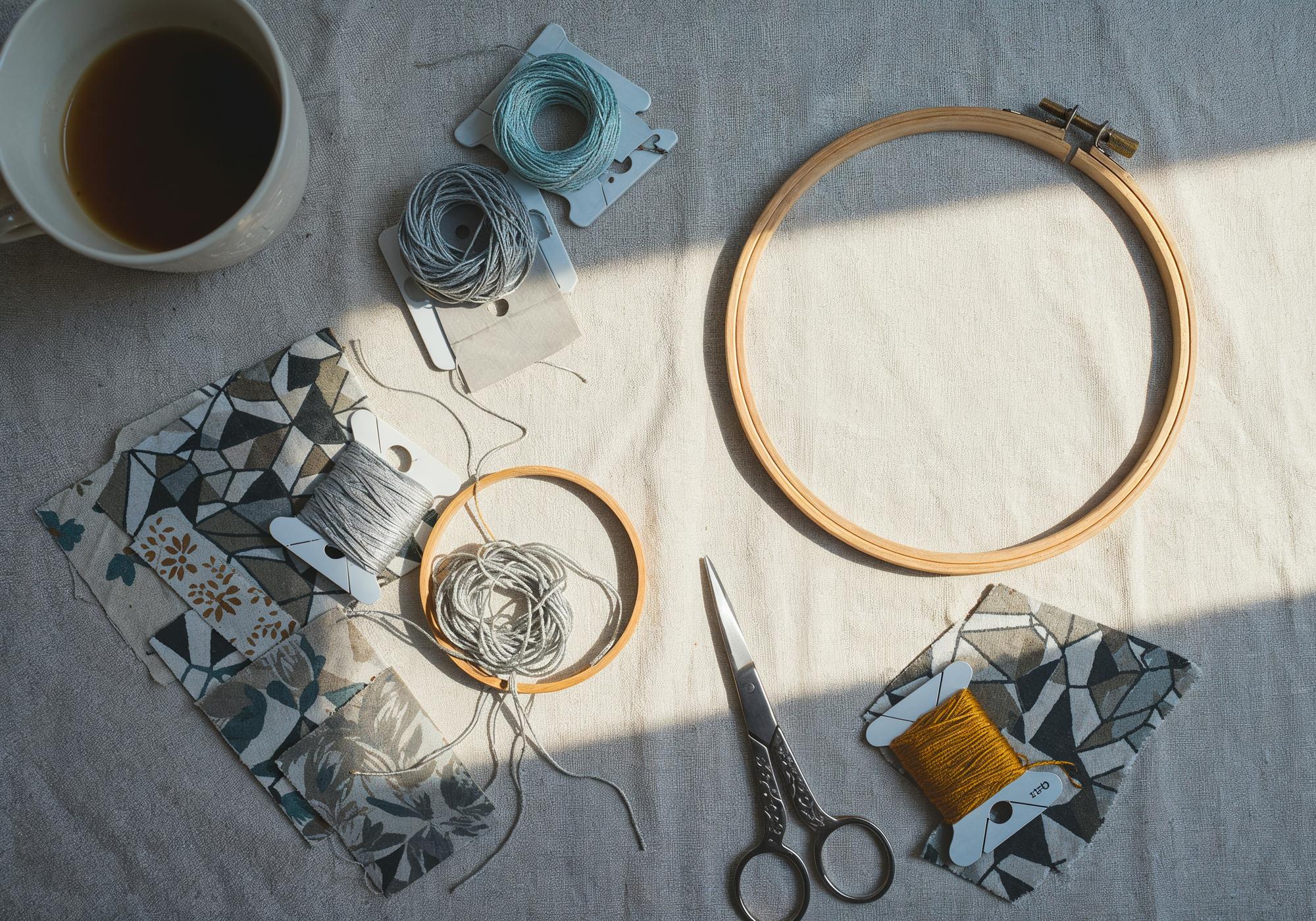 Workshop table with hoops, threads, and sketches