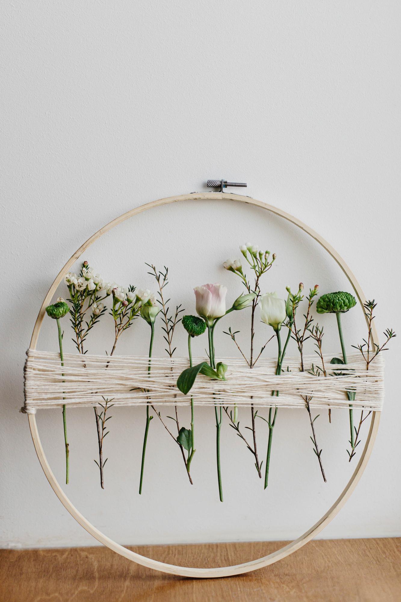 Studio window with completed embroidered hoops