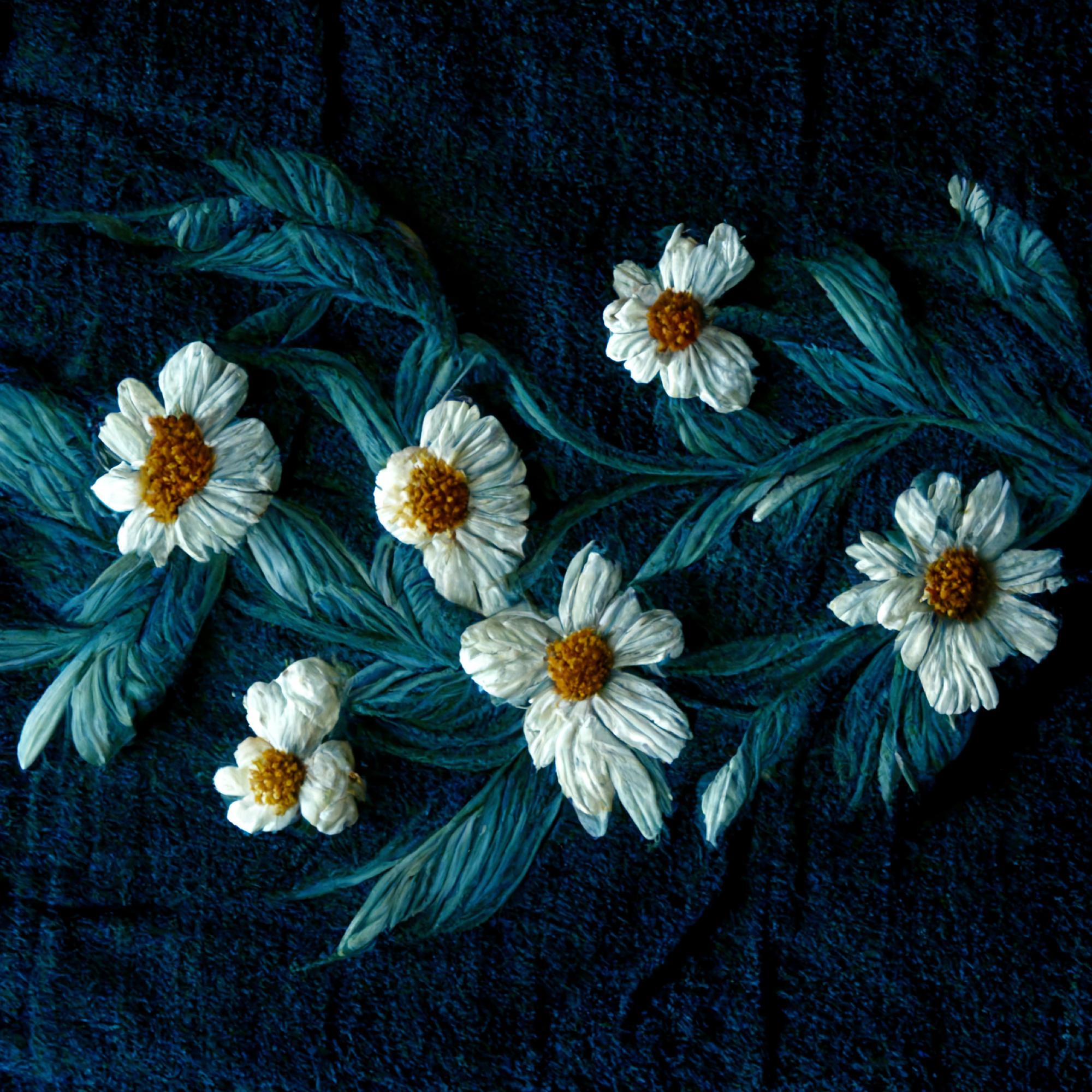 Detail of satin stitch florals on denim