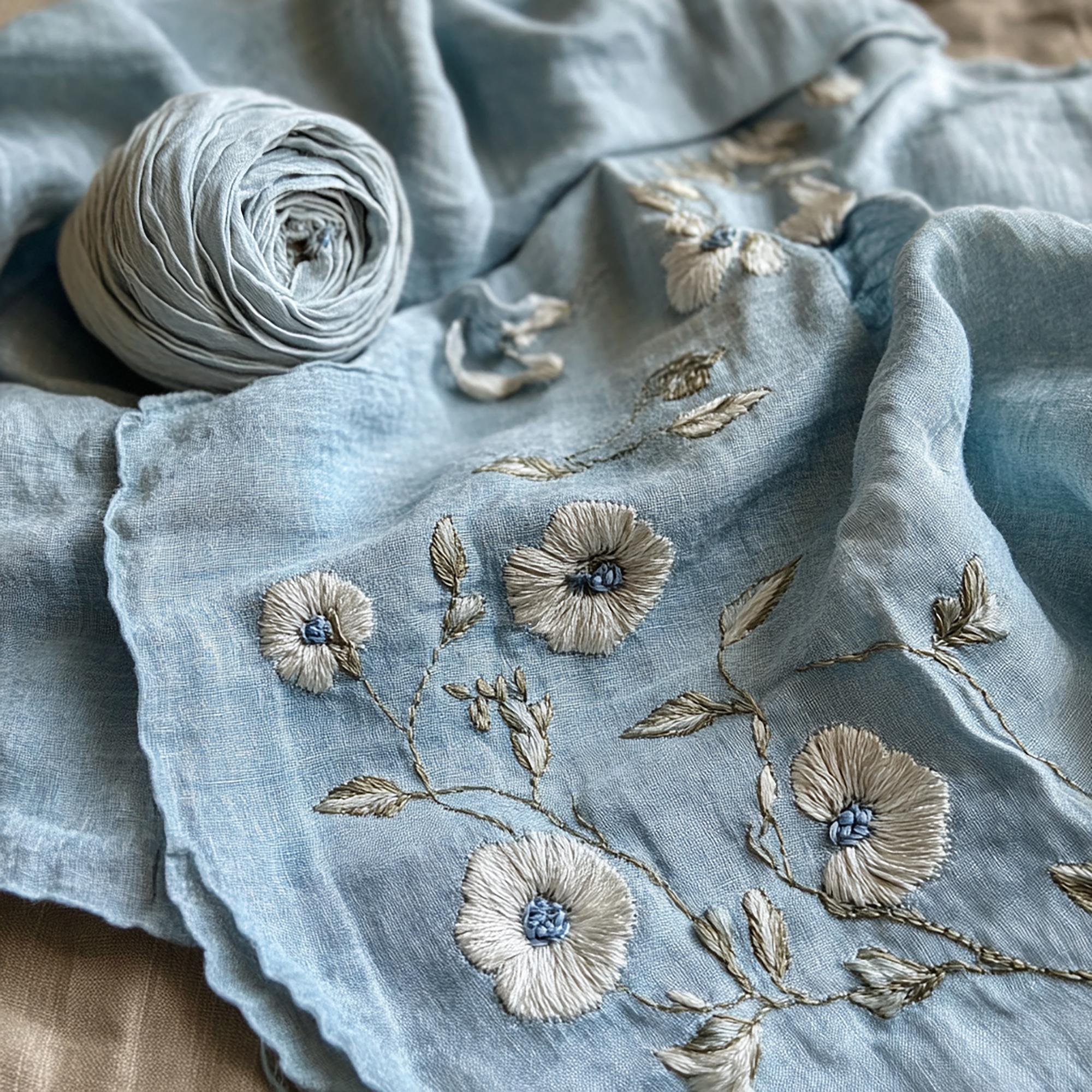 Close-up of colorful embroidered floral sampler on linen